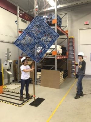 Image 4. Meredith helping with a corner drop test on a pallet during her 2019 internship.