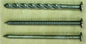 Figure 1. Common nail types used for pallet construction: (top to bottom) helically threaded nails, annularly threaded nails, and plain-shank nails.