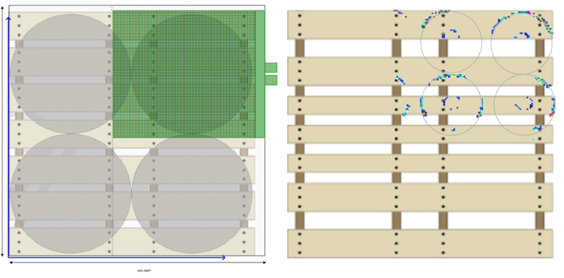 Image 2. A) Pressure map setup for one quarter of pallet and B) pressure map reading for plastic pails. Image 2. A) Pressure map setup for one quarter of pallet and B) pressure map reading for plastic pails.