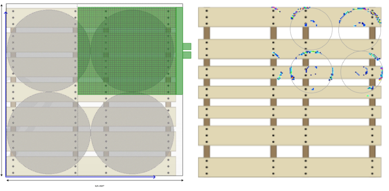 Image 2. A) Pressure map setup for one quarter of pallet and B) pressure map reading for plastic pails.