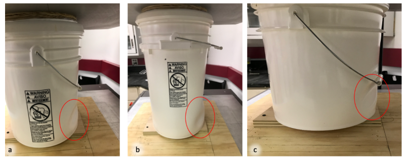 Image 3. Pail failure mode: sidewall buckling of the three sizes of pails tested.