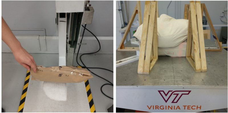 Image 1. A) Drop testing reusable packaging, and B) vibration testing of reusable packaging.