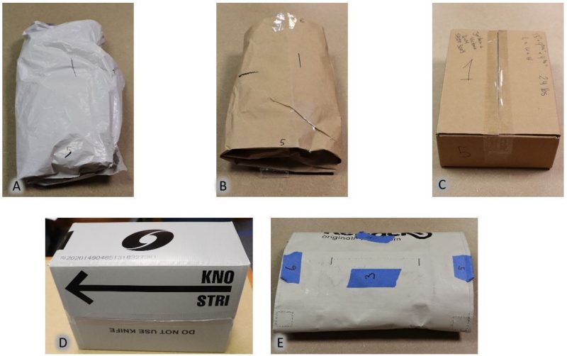 Image 4. Currently existing packaging options from the Sponsor and its competitors: (A) apparel poly bag, (B) apparel paper bag, (C) standard corrugated box, (D) Orbis corrugated box, (E) RePack sample bag.