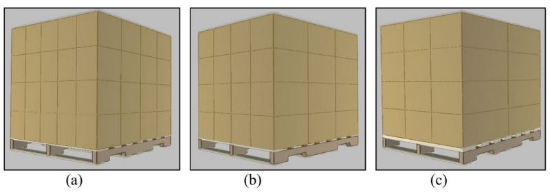 Image 2. Image of investigated unit load configurations (image generated using PDS™). (a) unit load with small boxes, (b) unit load with medium boxes, and (c) unit load with large boxes.