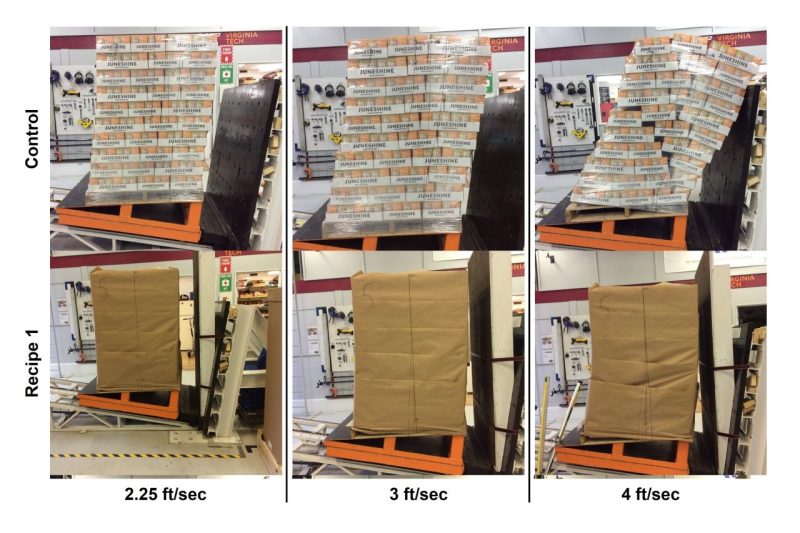 Image 2. Plastic versus paper wrapped unit loads during incline impact tests. Image 2. Plastic versus paper wrapped unit loads during incline impact tests.